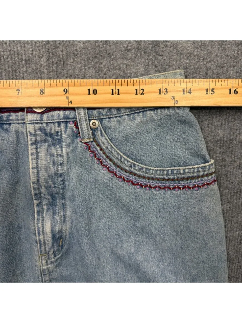 VTG Y2K 90s‎ Embroidered Beaded Denim Mini Skirt Western Boho Festival Size 6